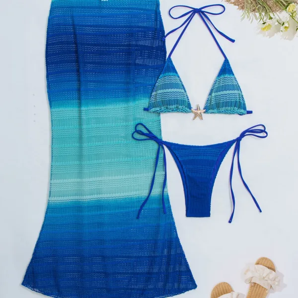 Floral Print Three-Piece Bikini and Sarong Set