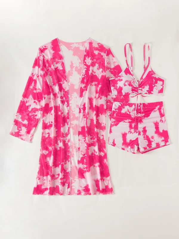 Printed Long-Sleeve Bikini Three-Piece Set
