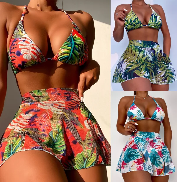 Botanical Print Three-Piece Bikini and Sarong Set