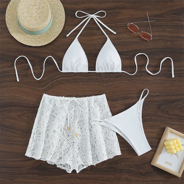 Lace-Up Mesh Three-Piece Bikini Set
