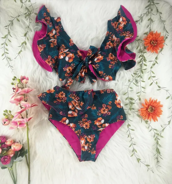 Deep V Ruffled Sleeve Bikini Set