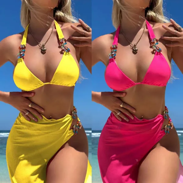 Diamond Mesh Three-Piece Bikini and Sarong Set