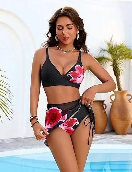 Floral Print Three-Piece Bikini Set