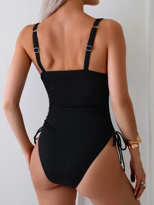 Ribbed Square Neck One-Piece Swimsuit with Adjustable Ties