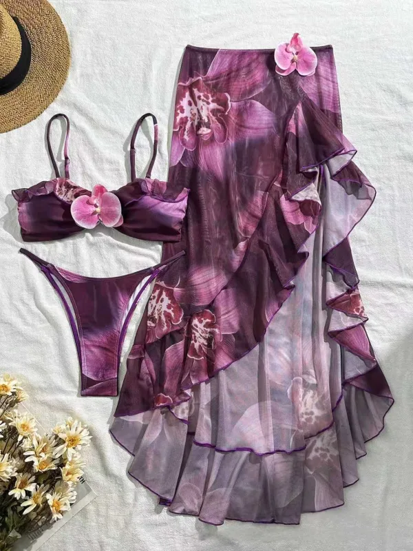 Ombre Floral Three-Piece Bikini Set