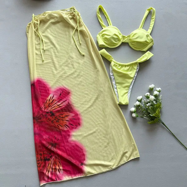 Sun-Drenched Printed Three-Piece Bikini Set