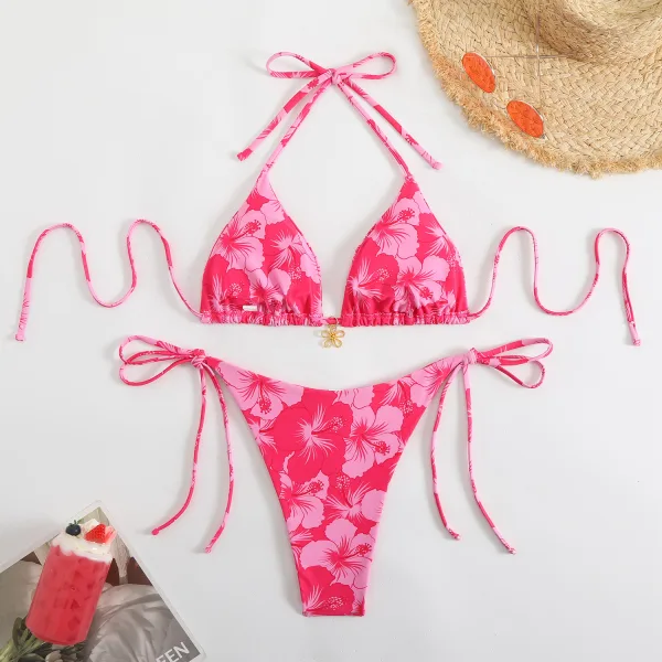 Printed Lace-Up Open-Back Bikini Set