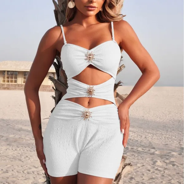 Solid One-Piece Swimsuit With Polished Metal Accents