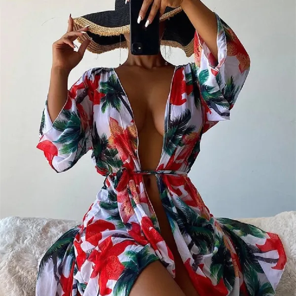 Floral Print Three-Piece Bikini and Blouse Set