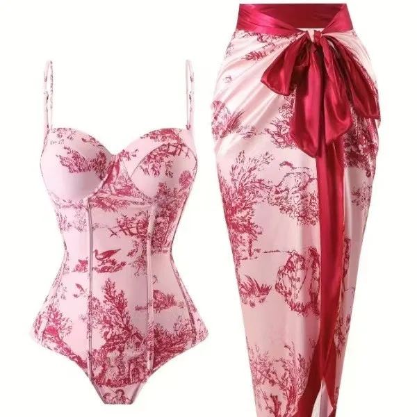 Retro Floral Underwired Swimsuit With Matching Chiffon Maxi Skirt