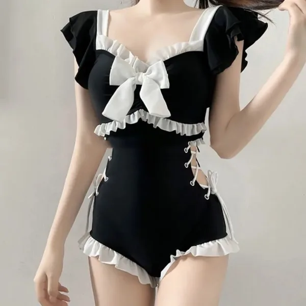 Maid-Style One-Piece Swimsuit With Bow Detail