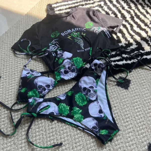 Skull and Rose Print Three-Piece Bikini Set