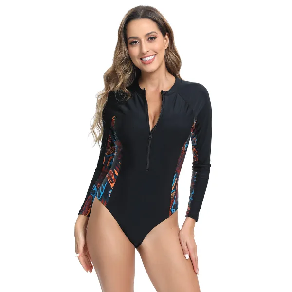 Long-Sleeve Floral Print One-Piece Swimsuit