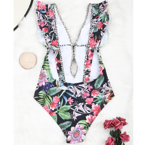 Retro Floral Print Backless One-Piece Swimsuit