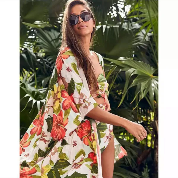 Printed Bikini Set with Matching Cardigan