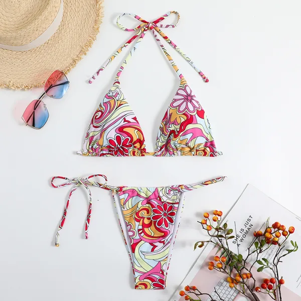 Triangle Printed Bikini Set with Halter Neckline
