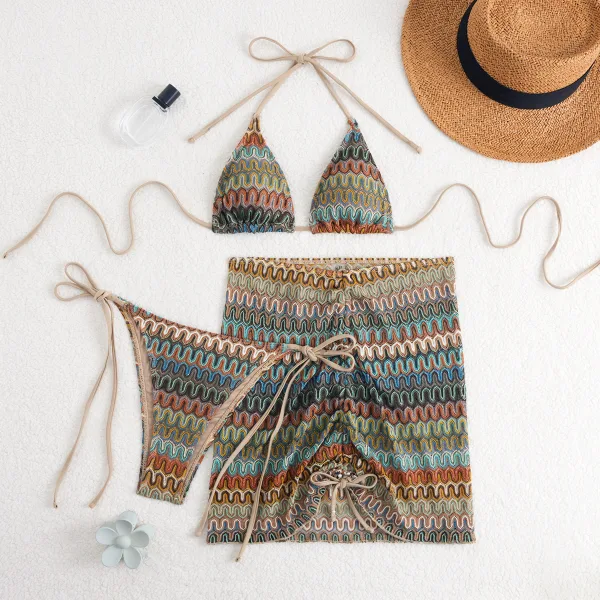 Astra Gradient Three-Piece Halter Bikini and Sarong Set