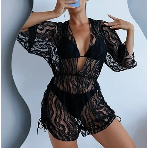Three-Piece Bikini and Net Cover-Up Set