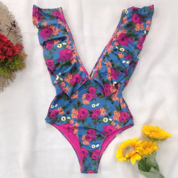 Ruffled One-Piece Swimsuit with Floral Gradient Print