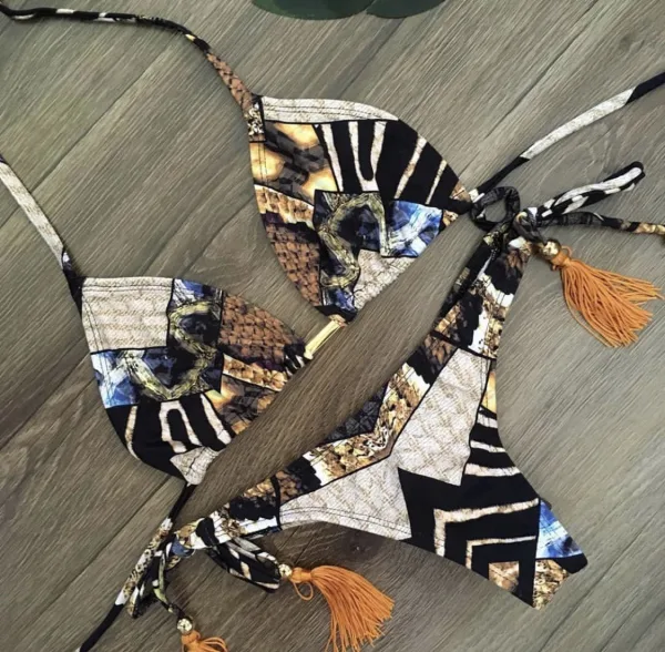 Tassel Accent Printed Bikini Set