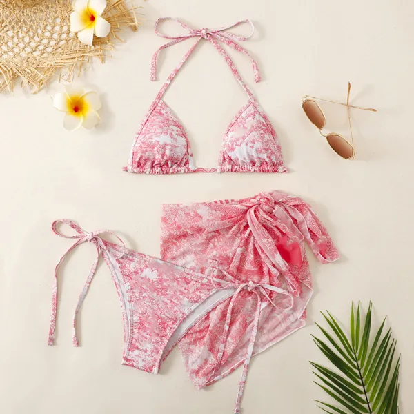 Ink Print Three-Piece Bikini and Cover-Up Set