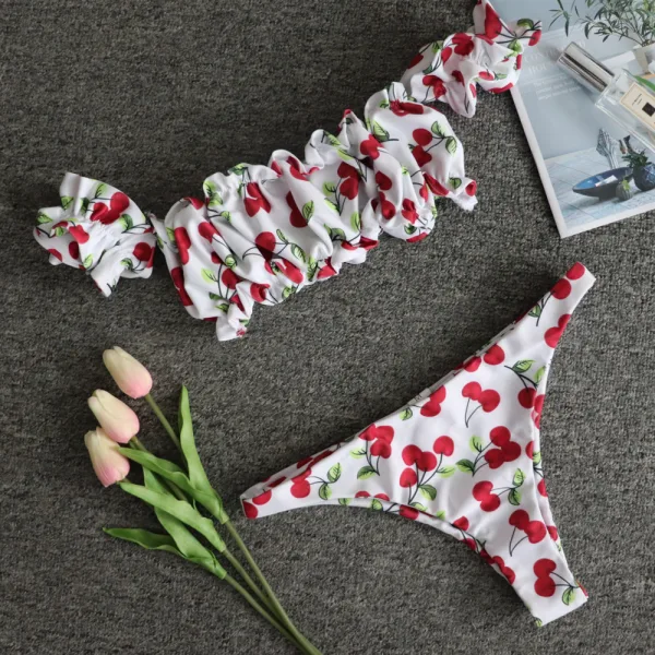 Cherry Print Pleated Bikini Set with Flutter Sleeves