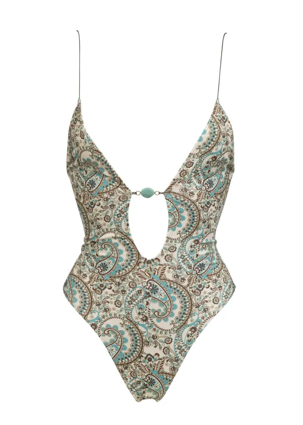Floral Deep V-Neck Backless One-Piece Swimsuit