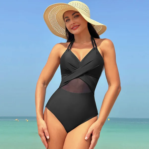 Halter-Neck One-Piece Swimsuit with Cross-Strap Detail