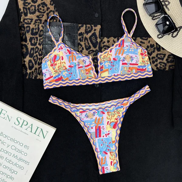 Ethnic Print V-Neck Bikini Set