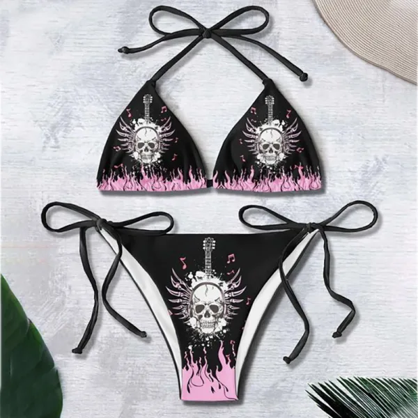 Graphic Print Lace-Up Bikini Set