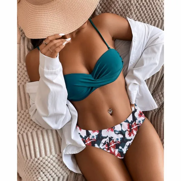 Floral High-Waist Tube Bikini Set