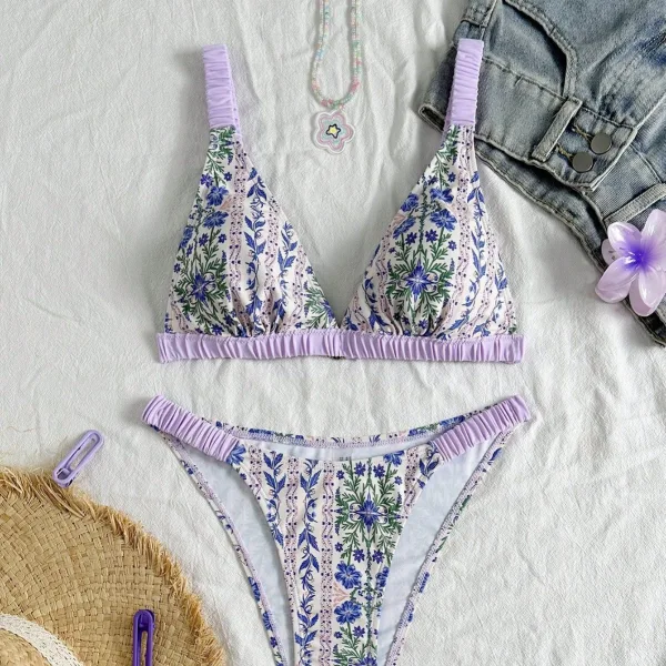 Violet Floral Print Adjustable Strap Bikini Set