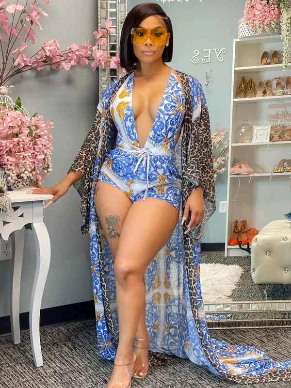 Azure Printed Three-Piece Bikini and Cover-Up Set