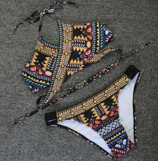 Cross-Strap Ethnic Print Bikini Set