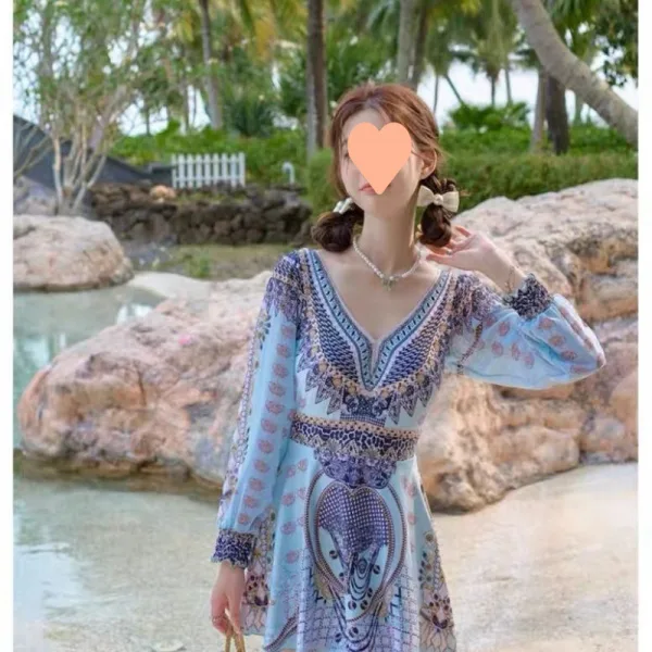 Long-Sleeve One-Piece Swimsuit in Light Blue