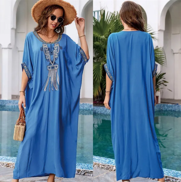 Azure Embroidered Rayon Beach Robe