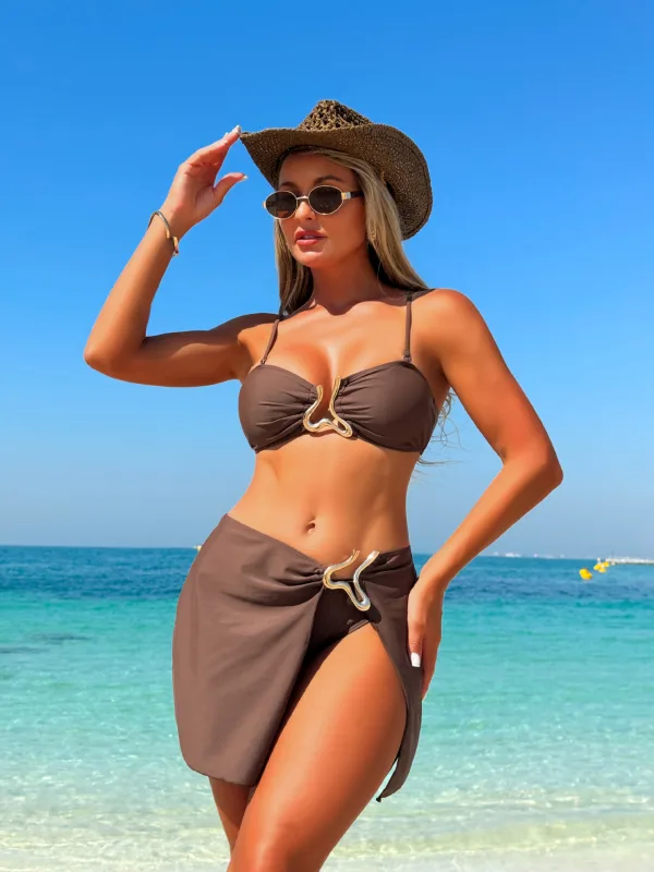 Three-Piece Solid Bikini Set with Matching Skirt