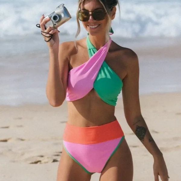 Color Block Cross-Front High-Waist Bikini