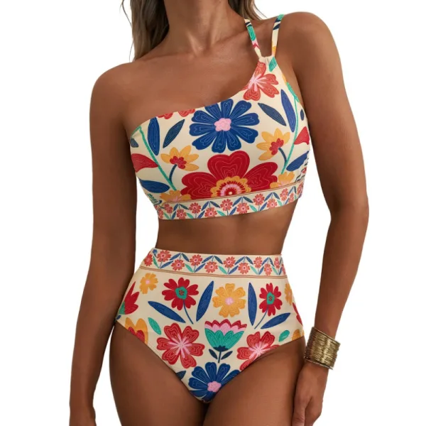 Floral One-Shoulder High-Waist Bikini Set