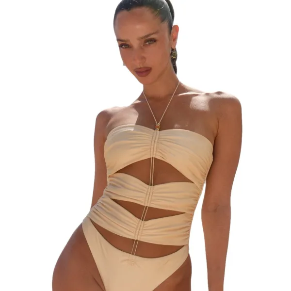 Pleated Lace-Up One-Piece Swimsuit