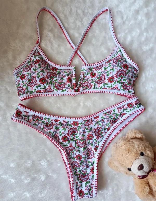 Floral Embroidered V-Neck Bikini Set