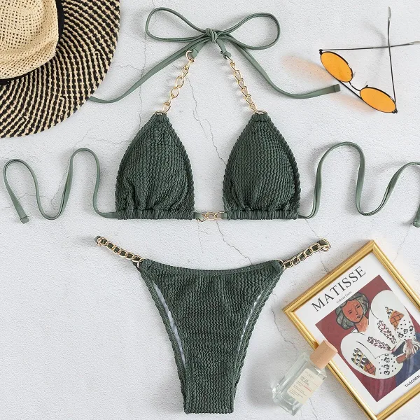 Wave Texture Bikini Set with Chain Detail