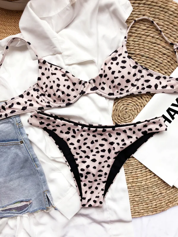 Leopard Print Ribbed Bikini Set