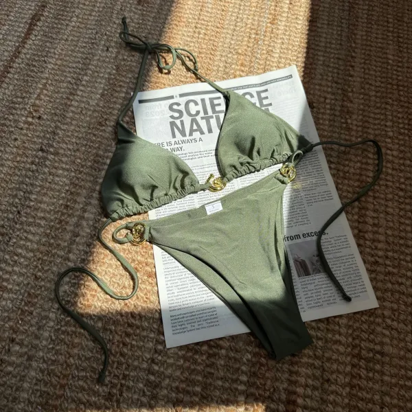 Nylon Metal Ring Bikini Set with Lace-Up Back