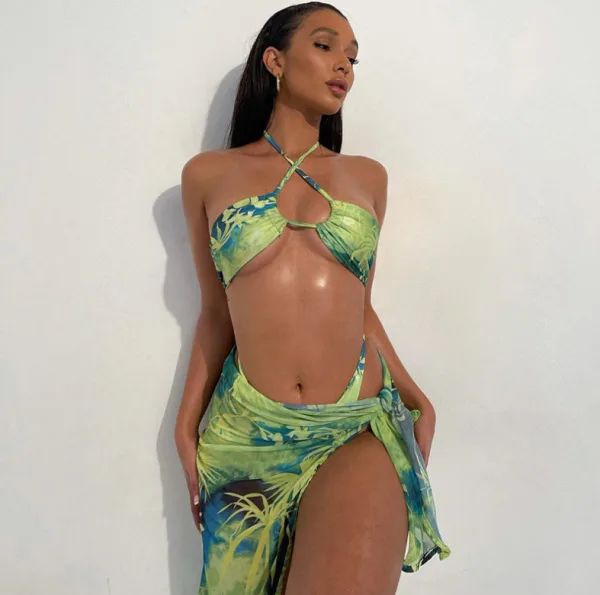Verdant Print Three-Piece Halter Bikini and Skirt Set