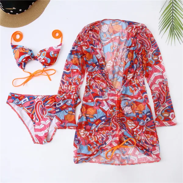Mesh Three-Piece Bikini and Sarong Set