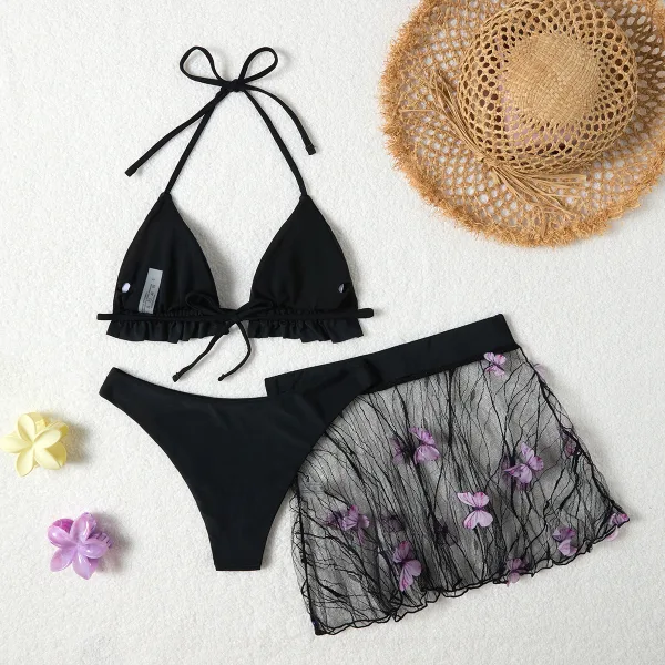 Solid Three-Piece Bikini Set with Matching Cover-Up