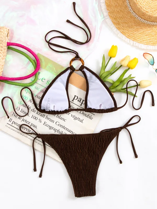 Hollow-Out Bikini Set in Coffee