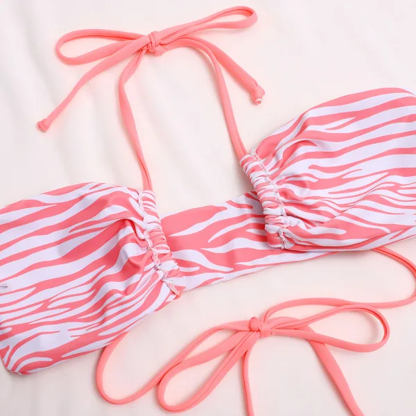 Stripe Print Halter Bikini with Criss-Cross Tie Sides