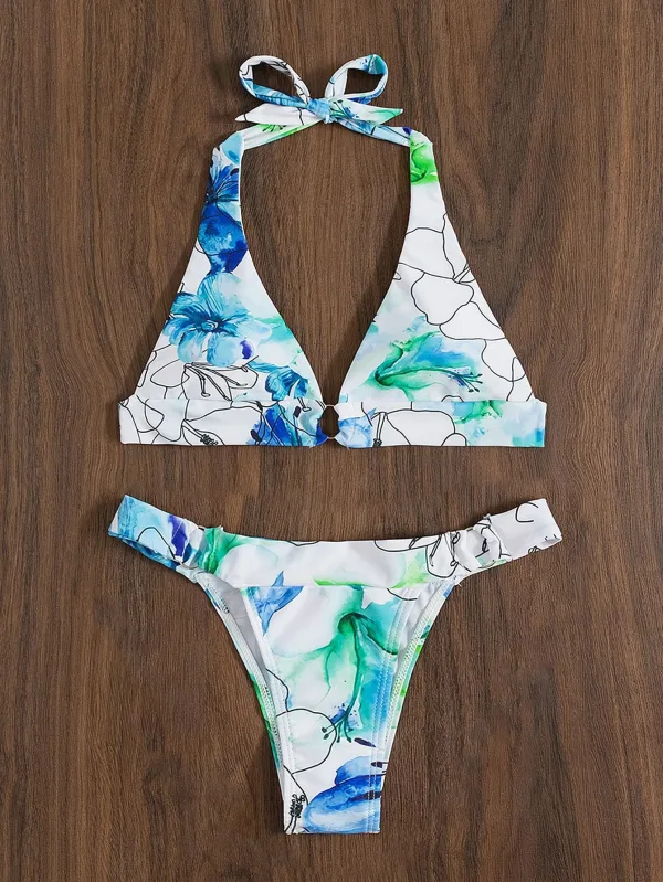Floral Lace-Up Bikini Set